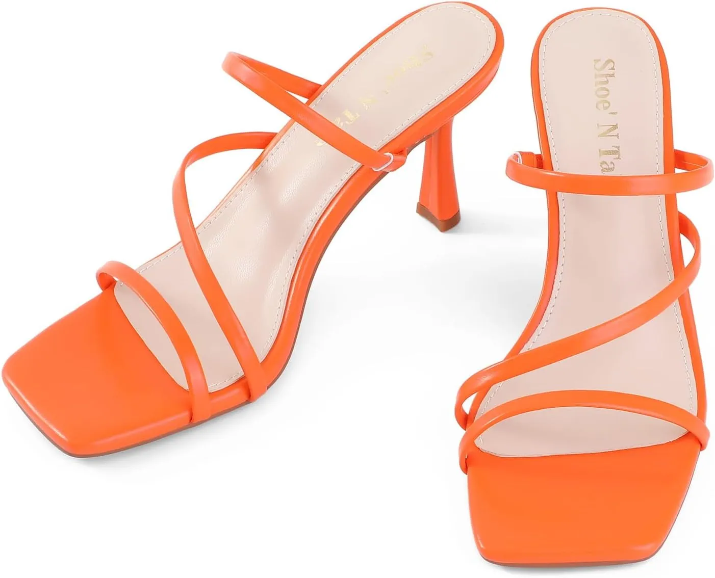 Shoe'N Tale Strappy Kitten Heels For Women Stiletto Mules Square Open Toe Slip On Sandals