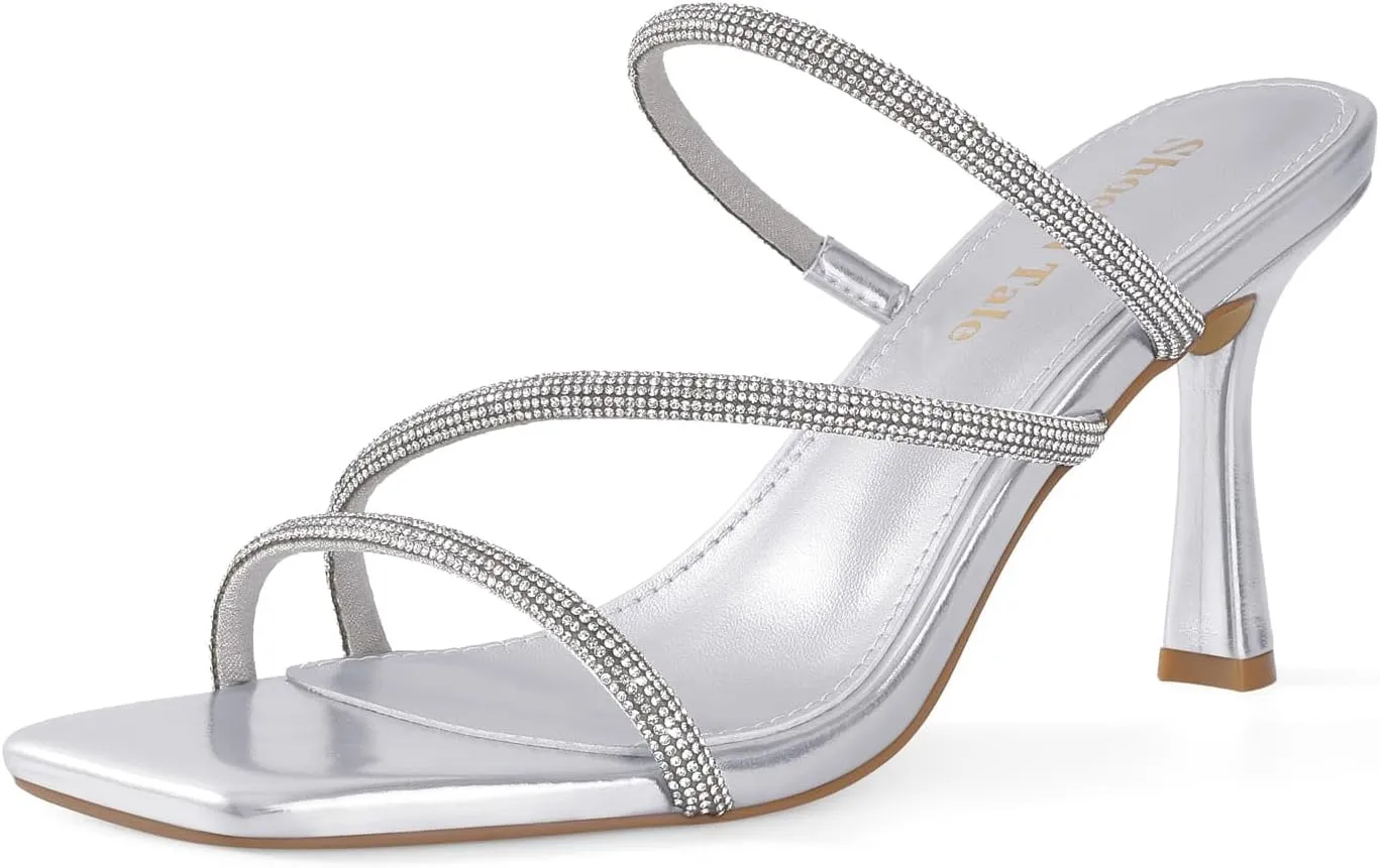 Shoe'N Tale Strappy Kitten Heels For Women Stiletto Mules Square Open Toe Slip On Sandals