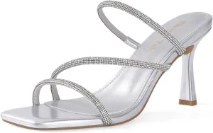Shoe'N Tale Strappy Kitten Heels For Women Stiletto Mules Square Open Toe Slip On Sandals