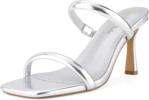 Shoe'N Tale Women's Strappy Heels Kitten Heeled Mules Two Straps Square Open Toe Slip On Sandals