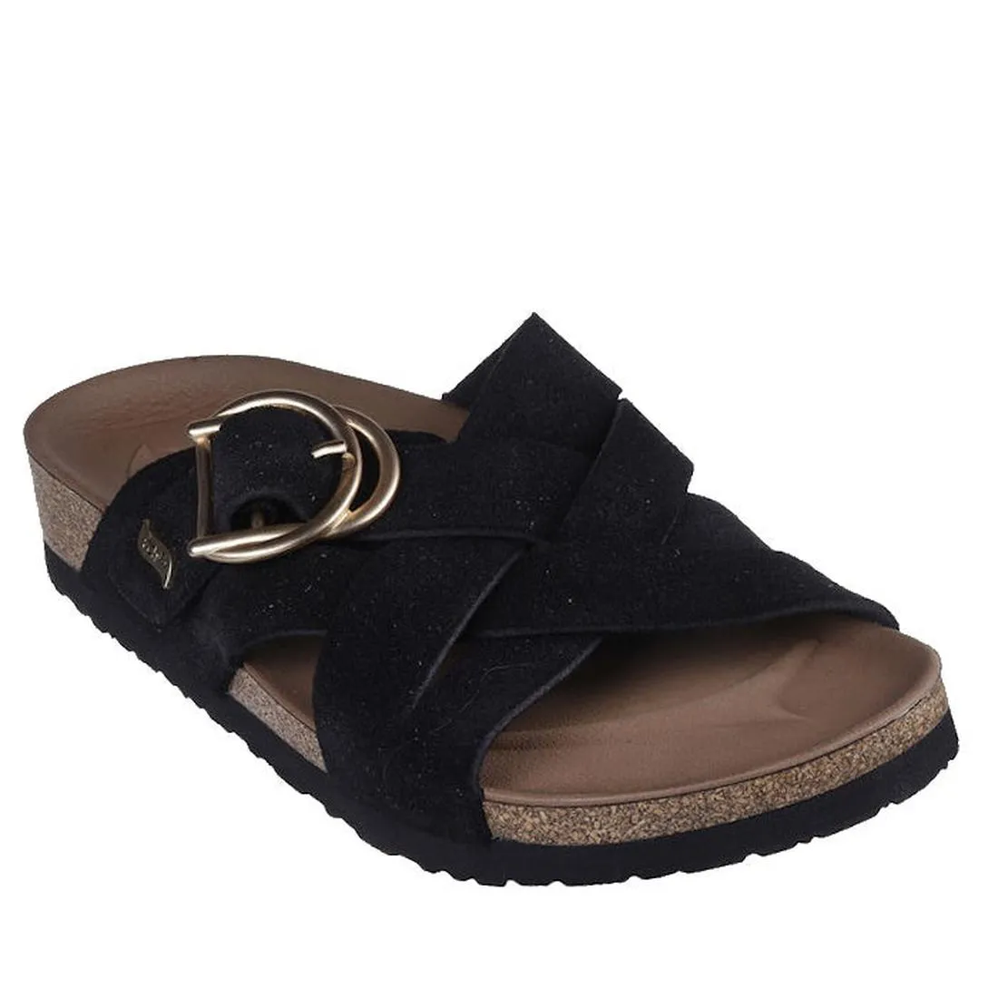 Skechers Womens Arch Fit Granola Natural Hangout Slide Black Suede Upper