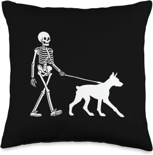 Skeleton Walking a Dog Doberman Pinscher Halloween Outfit Throw Pillow