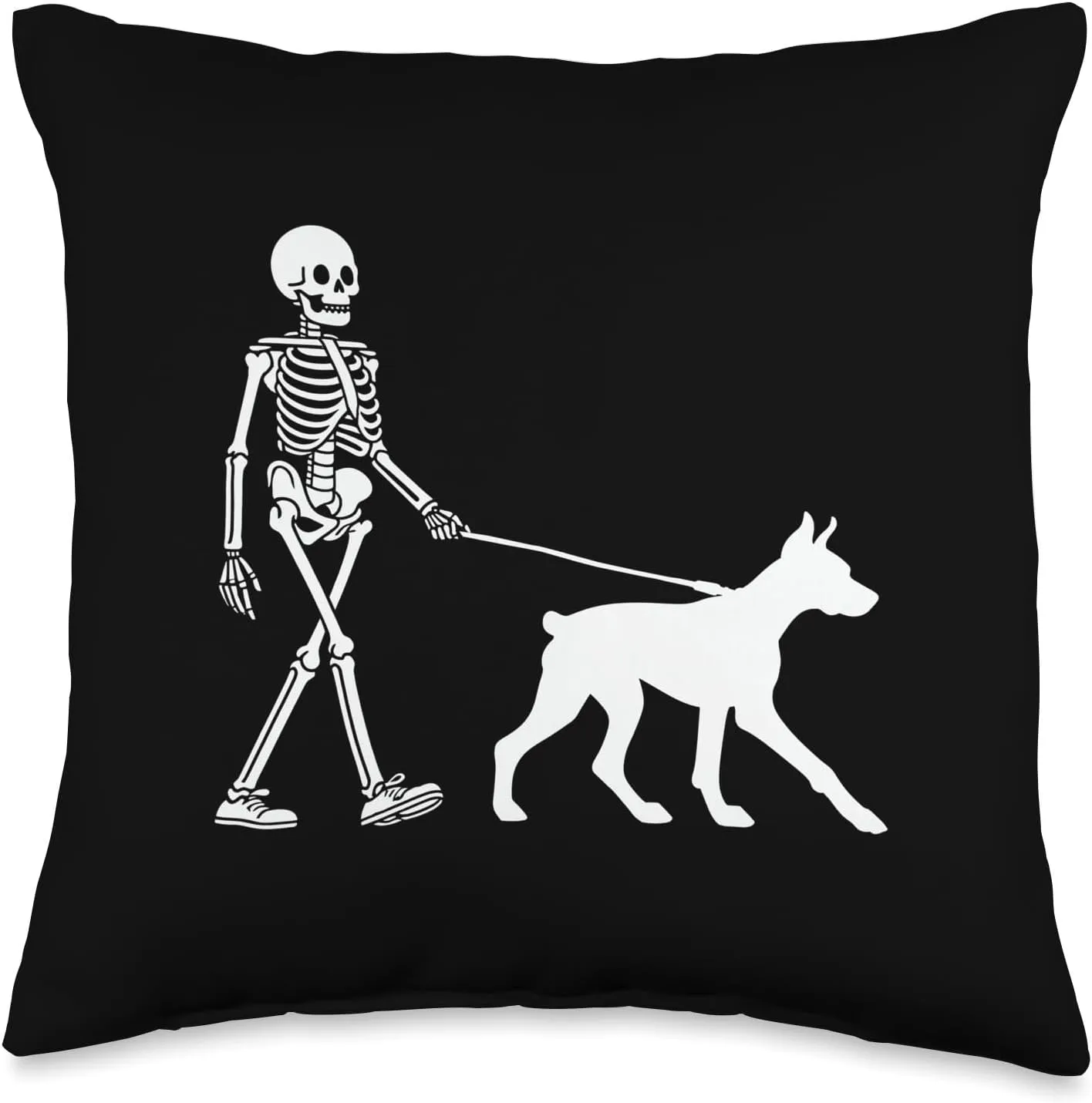 Skeleton Walking a Dog Doberman Pinscher Halloween Outfit Throw Pillow