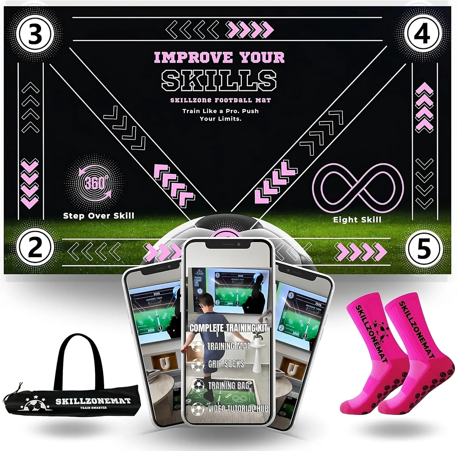SkillZone Soccer Training Mat - Complete Set with Video Hub | Includes Grip Socks & Carry Bag | Non-Slip, Ultra-Thick & Wide for Agility, Ball Control & Mastery | Indoor & Outdoor Soccer Trainer for All Ages