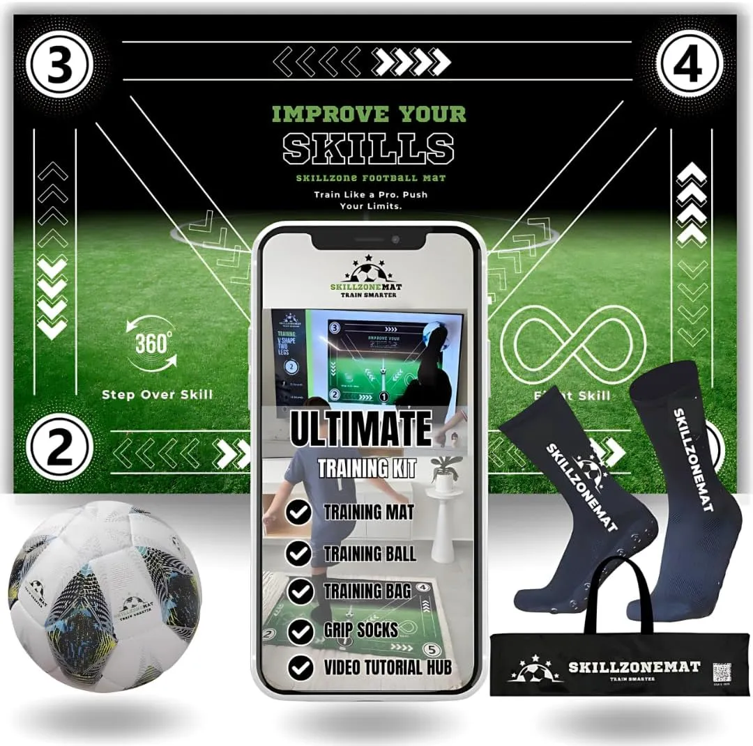 SkillZone Soccer Training Mat - Ultimate Soccer Pack with Training Ball, Video Hub, Grip Socks & Carry Bag | Extra-Wide, Ultra-Thick for Agility & Ball Mastery | Indoor & Outdoor Soccer Trainer