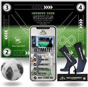 SkillZone Soccer Training Mat - Ultimate Soccer Pack with Training Ball, Video Hub, Grip Socks & Carry Bag | Extra-Wide, Ultra-Thick for Agility & Ball Mastery | Indoor & Outdoor Soccer Trainer