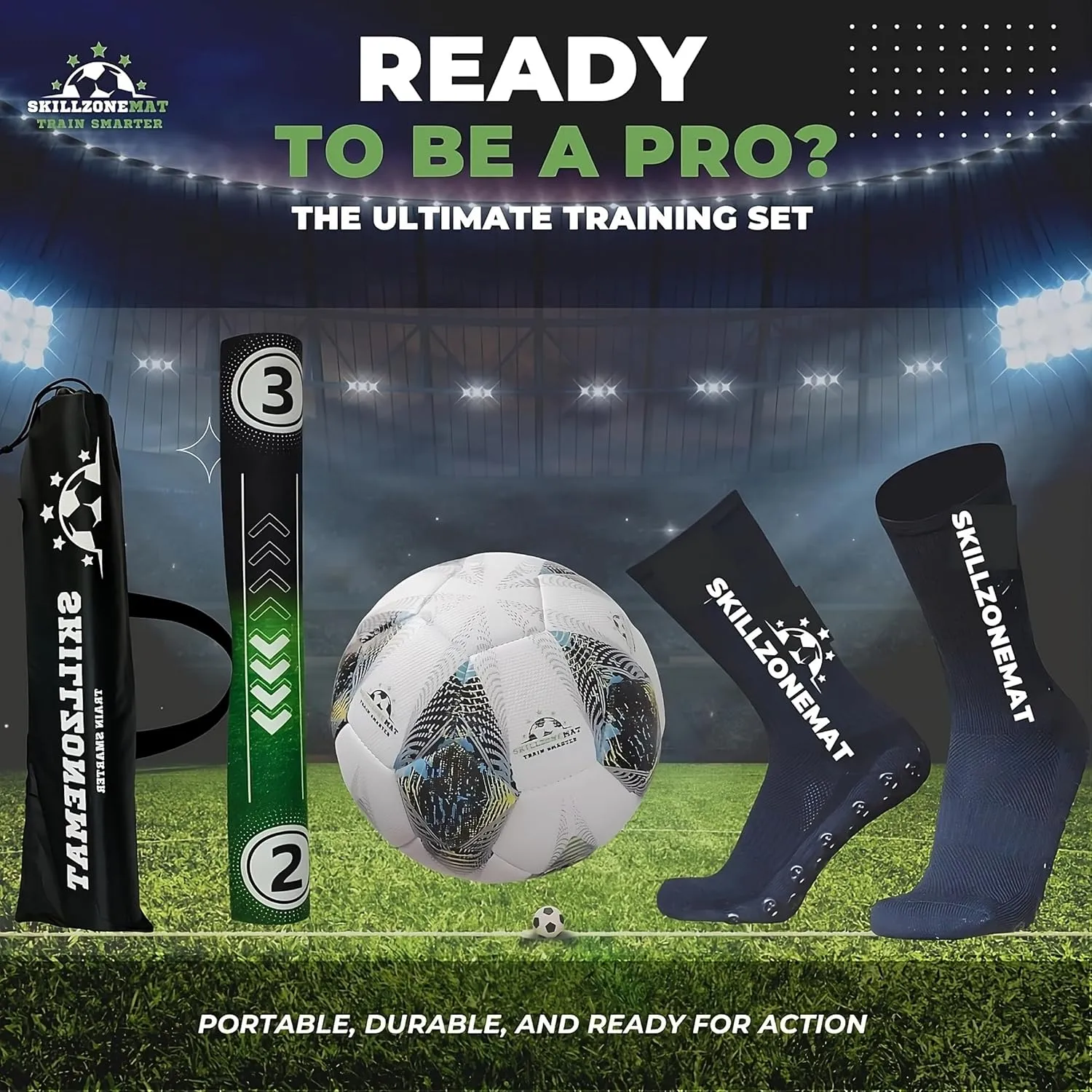 SkillZone Soccer Training Mat - Ultimate Soccer Pack with Training Ball, Video Hub, Grip Socks & Carry Bag | Extra-Wide, Ultra-Thick for Agility & Ball Mastery | Indoor & Outdoor Soccer Trainer