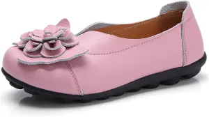 Slip on Loafers for Women Leather Flowers Loafers Comfortable Walking Work Flats Shoes Lightweight Soft Sole Flat Shoes Round Toe Summer Shoe