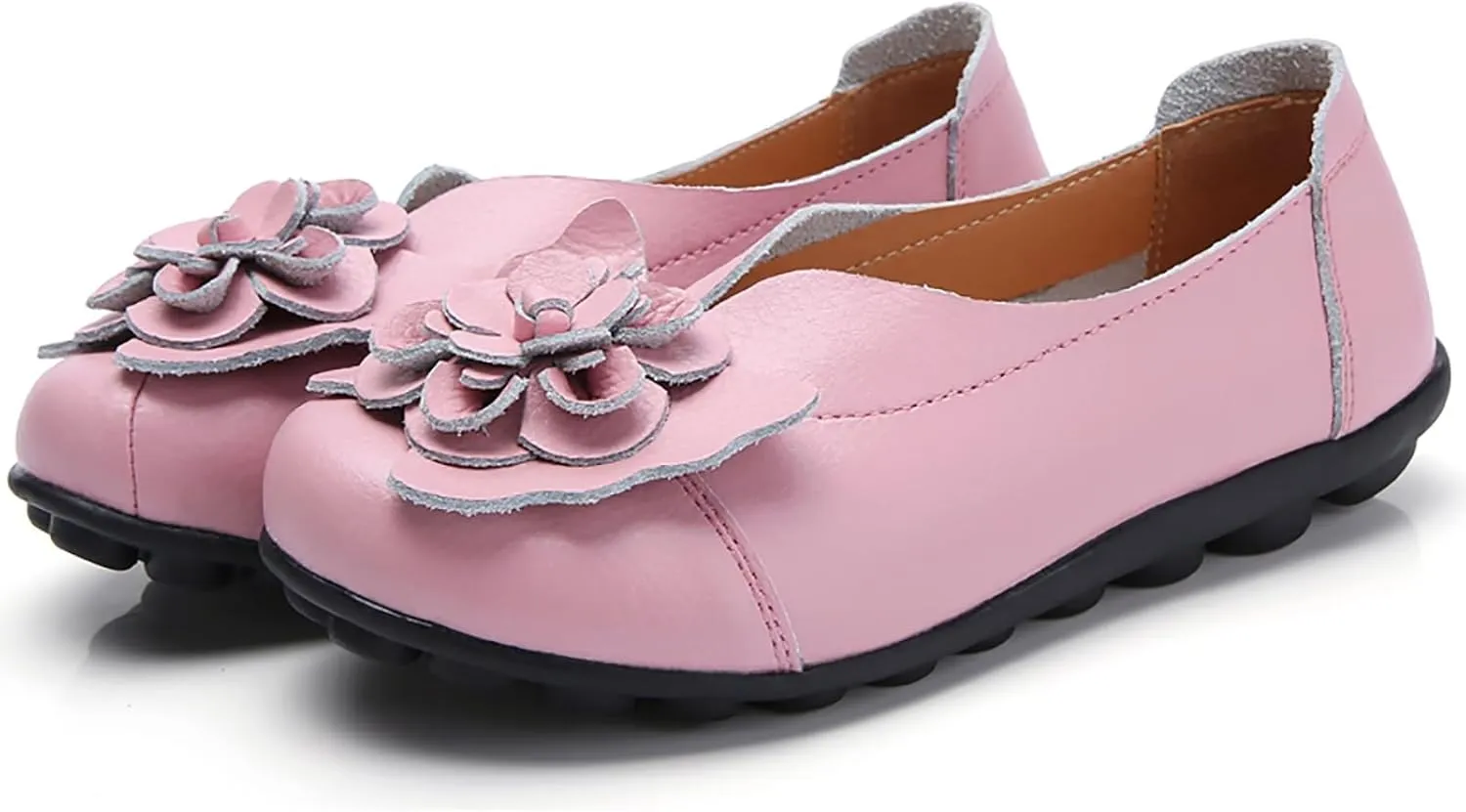 Slip on Loafers for Women Leather Flowers Loafers Comfortable Walking Work Flats Shoes Lightweight Soft Sole Flat Shoes Round Toe Summer Shoe