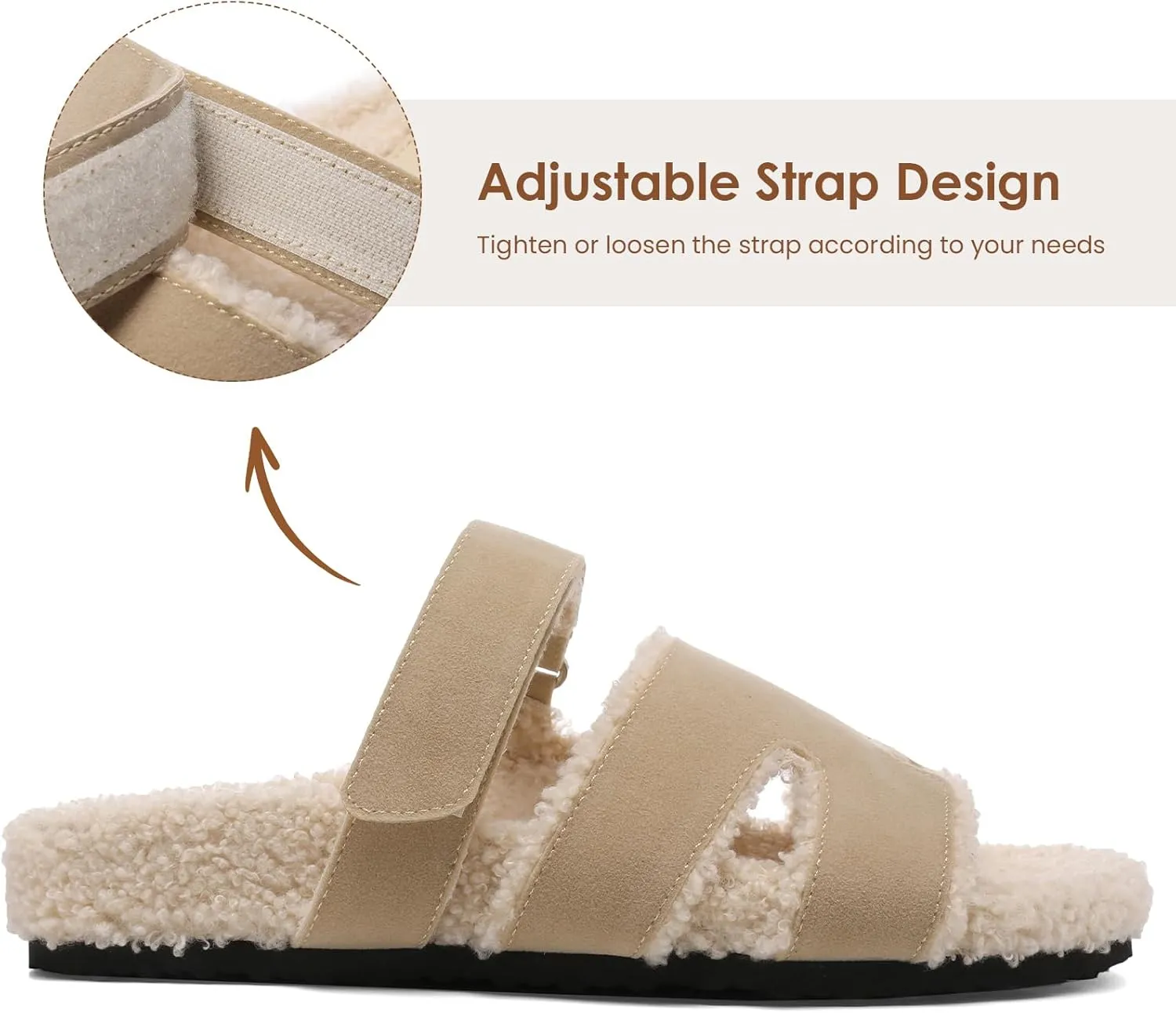 Slippers for Women Adjustable House Slippers Faux Shearling Fuzzy Slide Sandals with Cozy Lined, Fluffy H slippers House Shoes Indoor and Outdoor