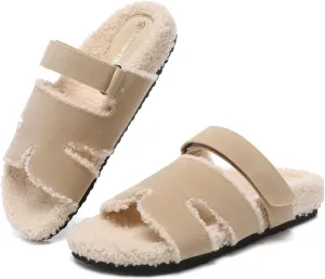 Slippers for Women Adjustable House Slippers Faux Shearling Fuzzy Slide Sandals with Cozy Lined, Fluffy H slippers House Shoes Indoor and Outdoor
