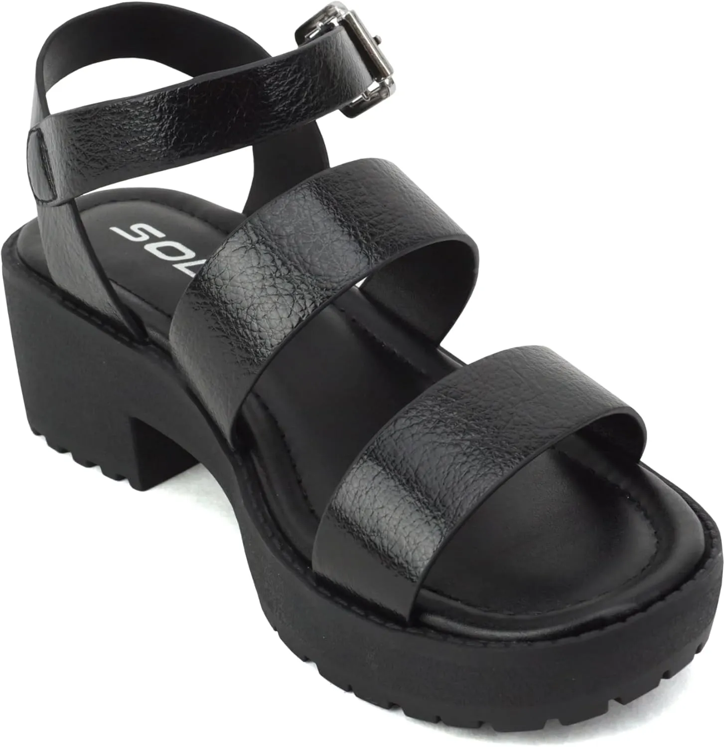 Soda ACCOUNT-2 ~ Little Kids/Children/Girls Open Toe Two Bands Lug sole Fashion Block Heel Sandals with Adjustable Ankle Strap