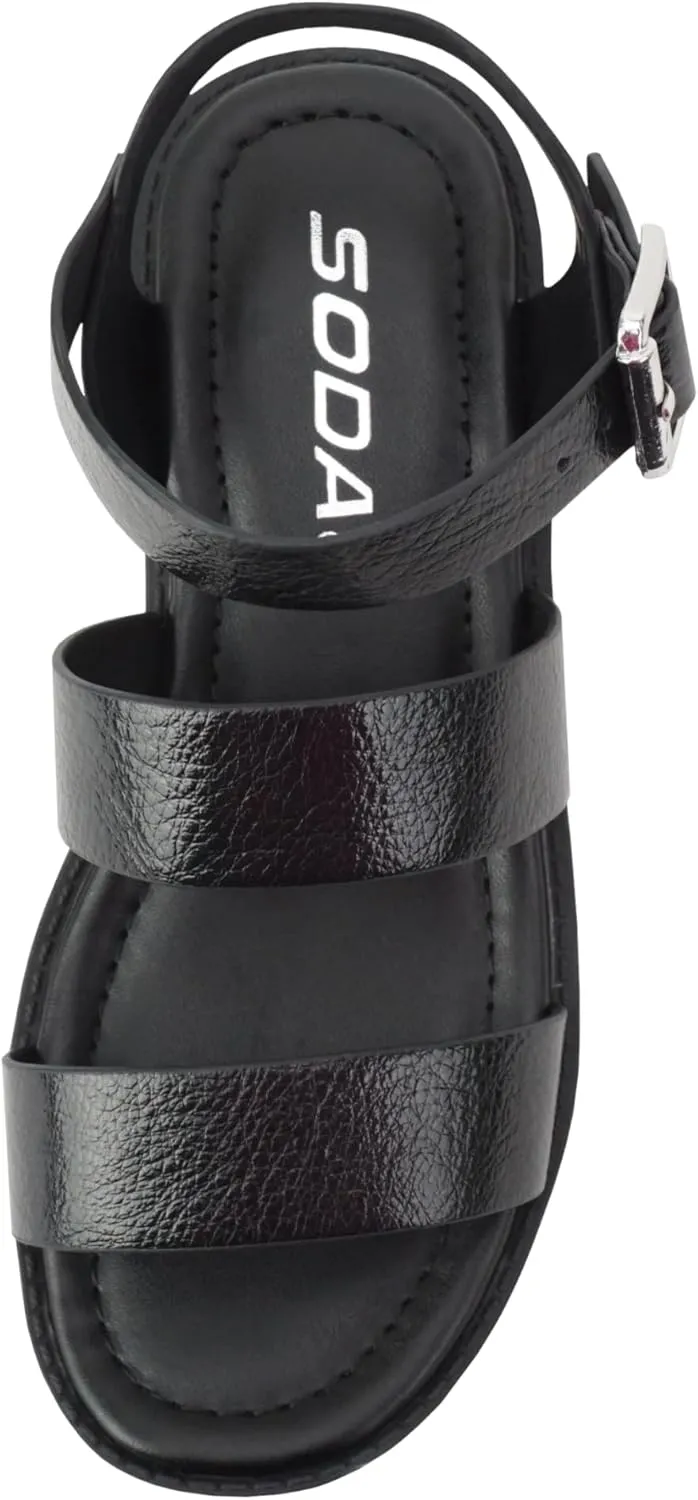 Soda ACCOUNT-2 ~ Little Kids/Children/Girls Open Toe Two Bands Lug sole Fashion Block Heel Sandals with Adjustable Ankle Strap