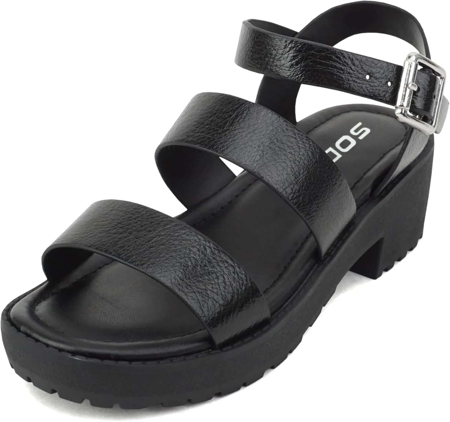 Soda ACCOUNT-2 ~ Little Kids/Children/Girls Open Toe Two Bands Lug sole Fashion Block Heel Sandals with Adjustable Ankle Strap