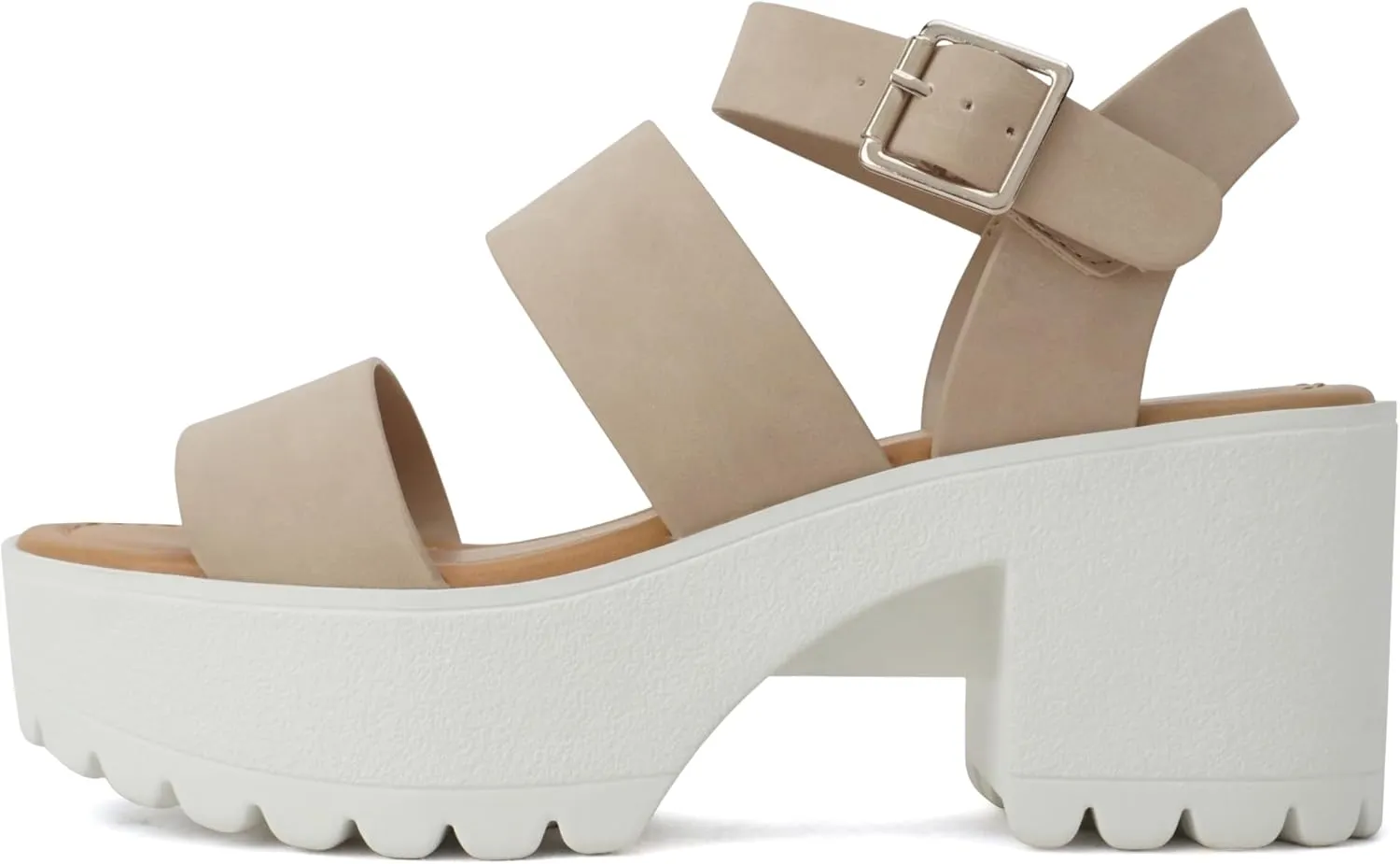 Soda ACCOUNT ~ Women Open Toe Two Bands Lug sole Fashion Block Heel Sandals with Adjustable Ankle Strap
