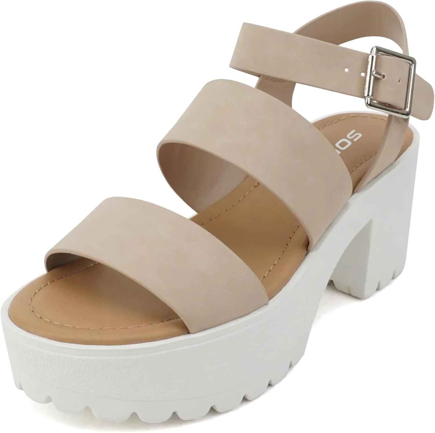 Soda ACCOUNT ~ Women Open Toe Two Bands Lug sole Fashion Block Heel Sandals with Adjustable Ankle Strap