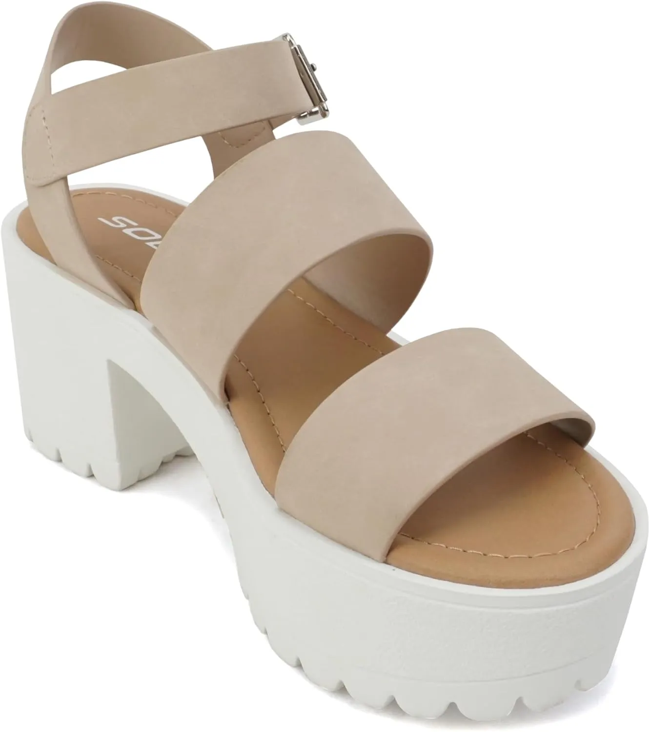 Soda ACCOUNT ~ Women Open Toe Two Bands Lug sole Fashion Block Heel Sandals with Adjustable Ankle Strap