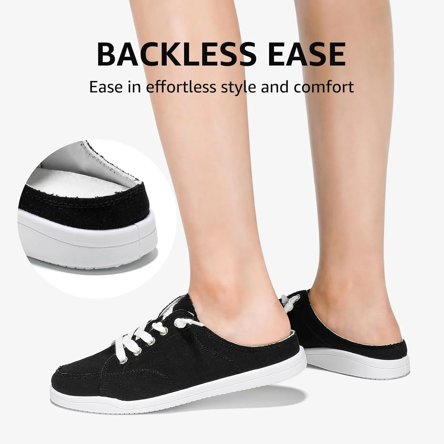 STQ Slip On Sneakers Women Backless Comfort Casual Canvas Mule Shoes Low Top Tennis Shoes, Black, Size 6.5