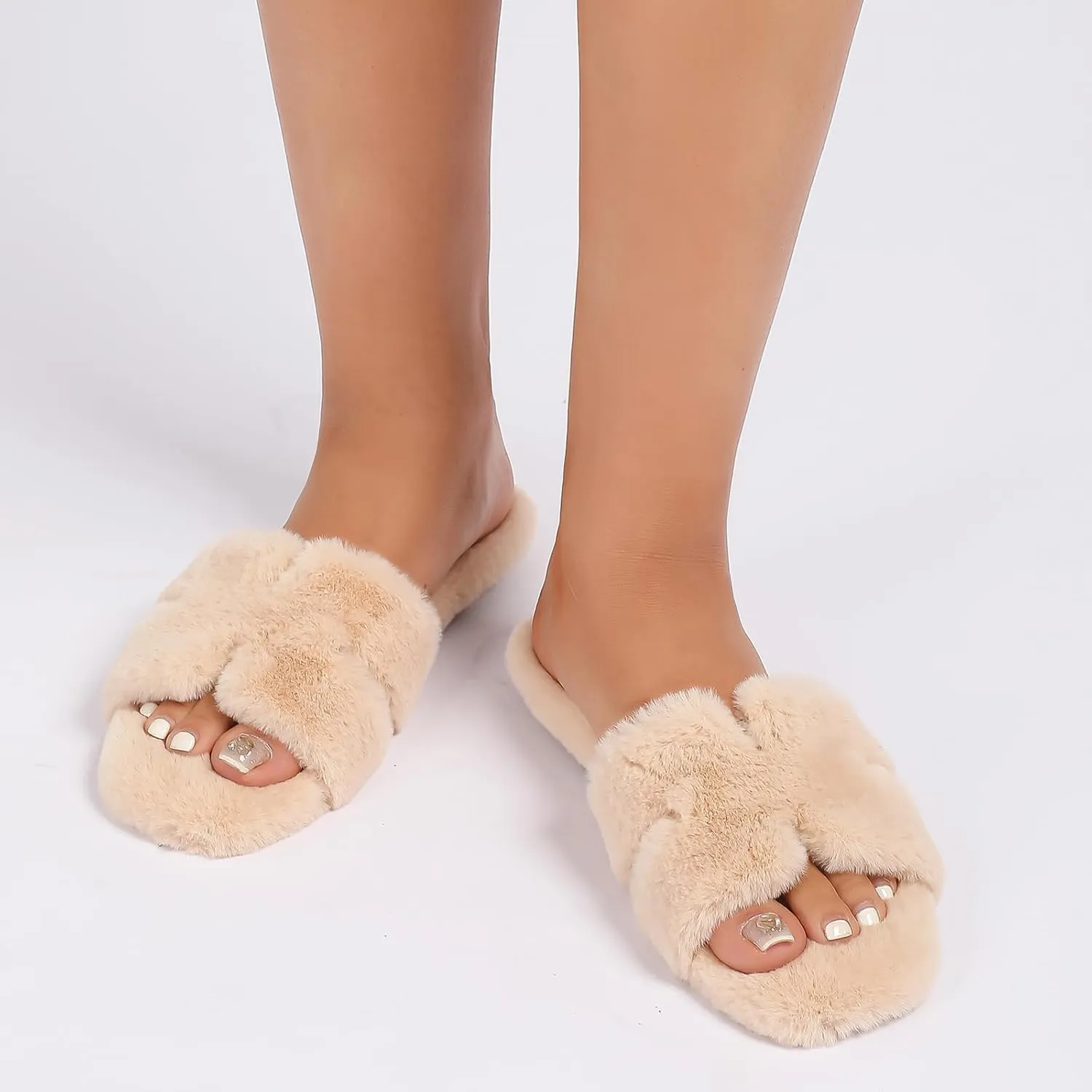 Stratuxx Kaze Womens Fur Slippers Comfy House Slide Sandals Open Toe Memory Foam Indoor Fluffy Slippers for Women