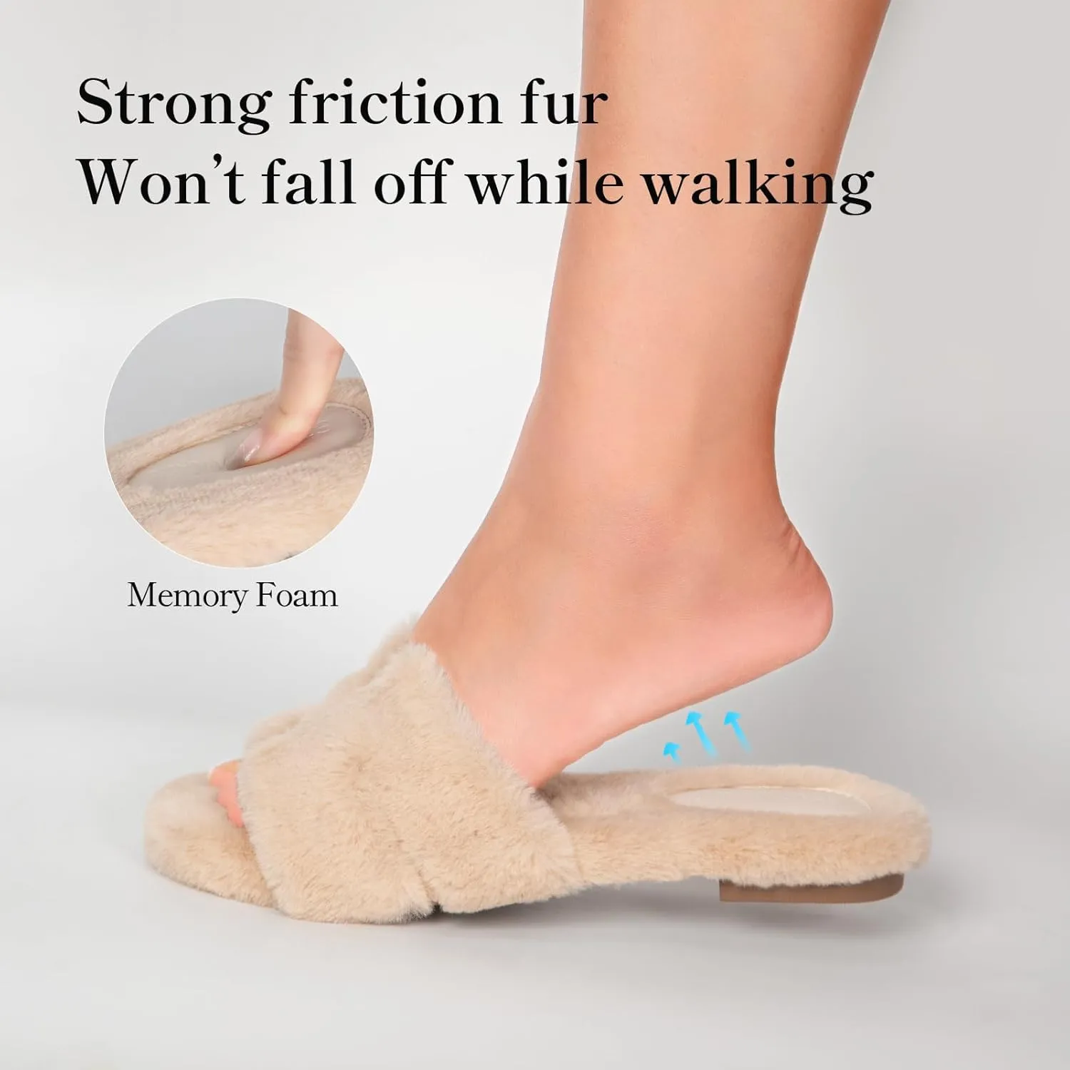 Stratuxx Kaze Womens Fur Slippers Comfy House Slide Sandals Open Toe Memory Foam Indoor Fluffy Slippers for Women
