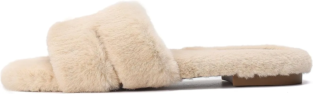 Stratuxx Kaze Womens Fur Slippers Comfy House Slide Sandals Open Toe Memory Foam Indoor Fluffy Slippers for Women