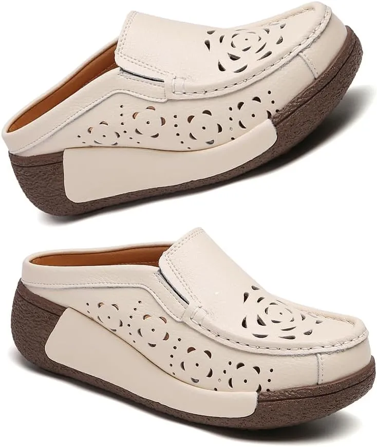 Succttssful Women's Closed Toe Mules Sandals for Walking: Backless Flats Loafers for Office - Casual Leather Mules for Girls