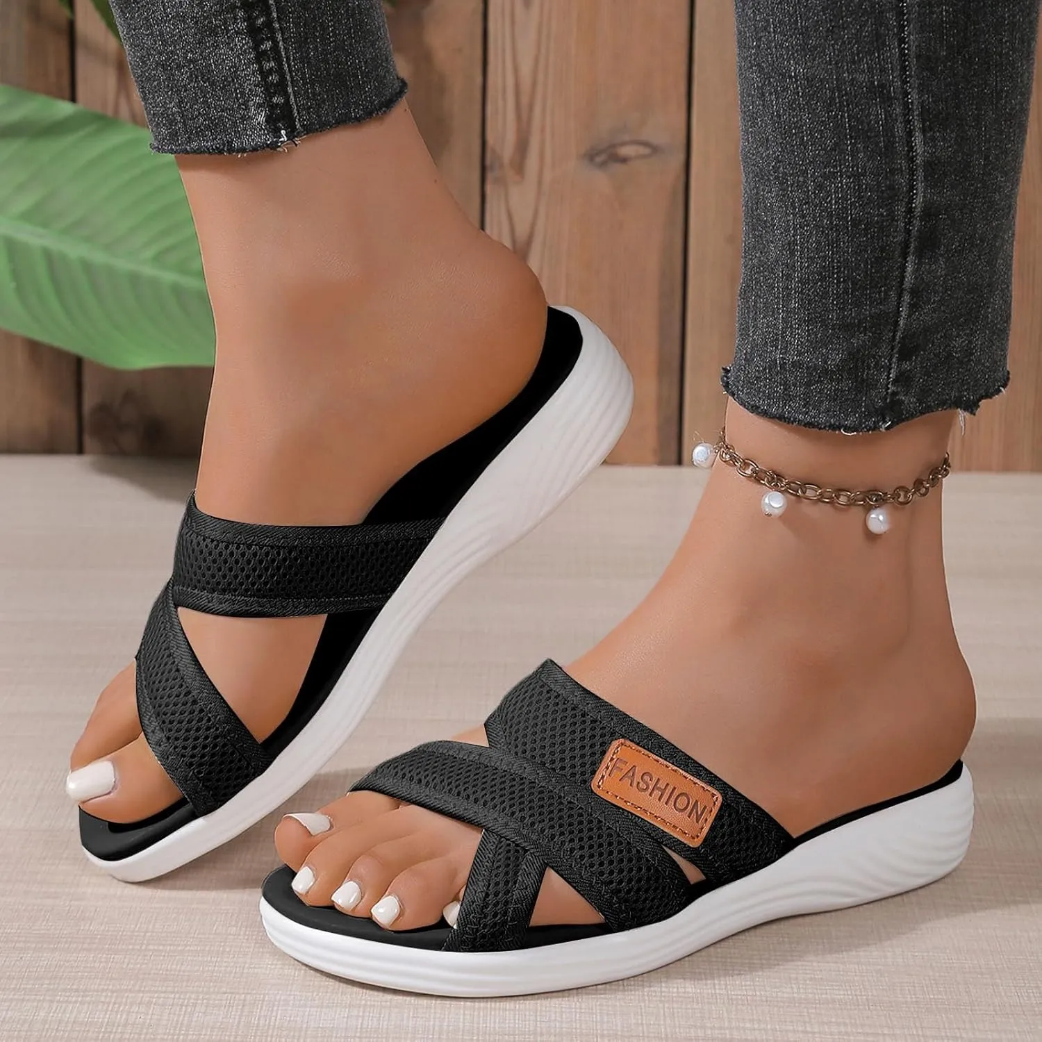 Summer Flat Platform Sandals for Women Open Toe Orthopedic Slides Hollow Out Mesh Casual Cushion Footbed Soft Sole Beach Walking Arch Support Sandal Non Slip Arch Support Shoes for Indoor Outdoor
