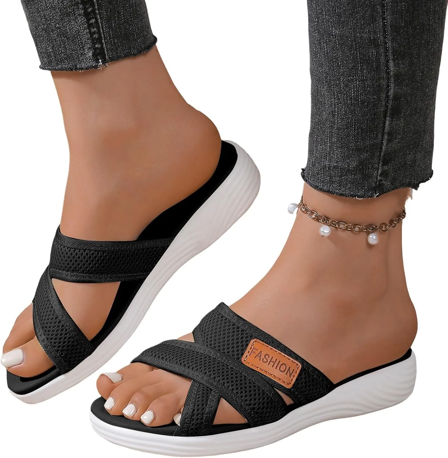 Summer Flat Platform Sandals for Women Open Toe Orthopedic Slides Hollow Out Mesh Casual Cushion Footbed Soft Sole Beach Walking Arch Support Sandal Non Slip Arch Support Shoes for Indoor Outdoor