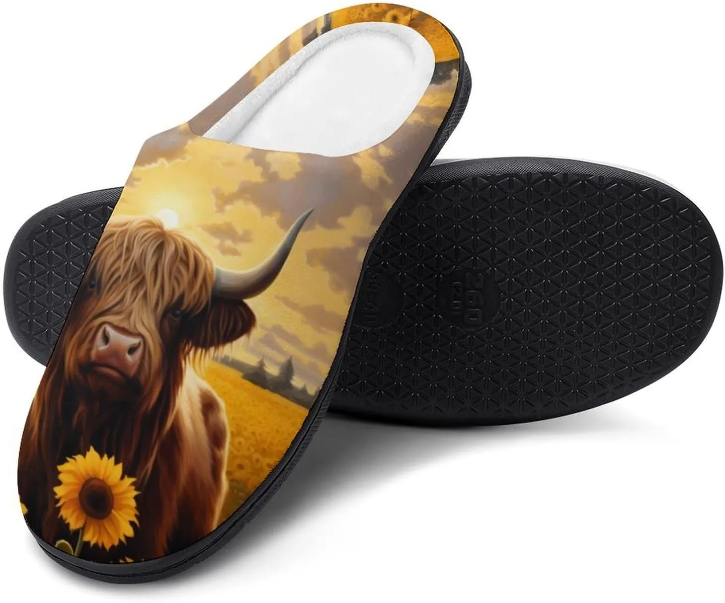 Sunflower Highland Cow Men's Cotton Slippers Casual House Shoes Anti-Slip Soft Shoes for Indoor And Outdoor