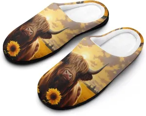 Sunflower Highland Cow Men's Cotton Slippers Casual House Shoes Anti-Slip Soft Shoes for Indoor And Outdoor