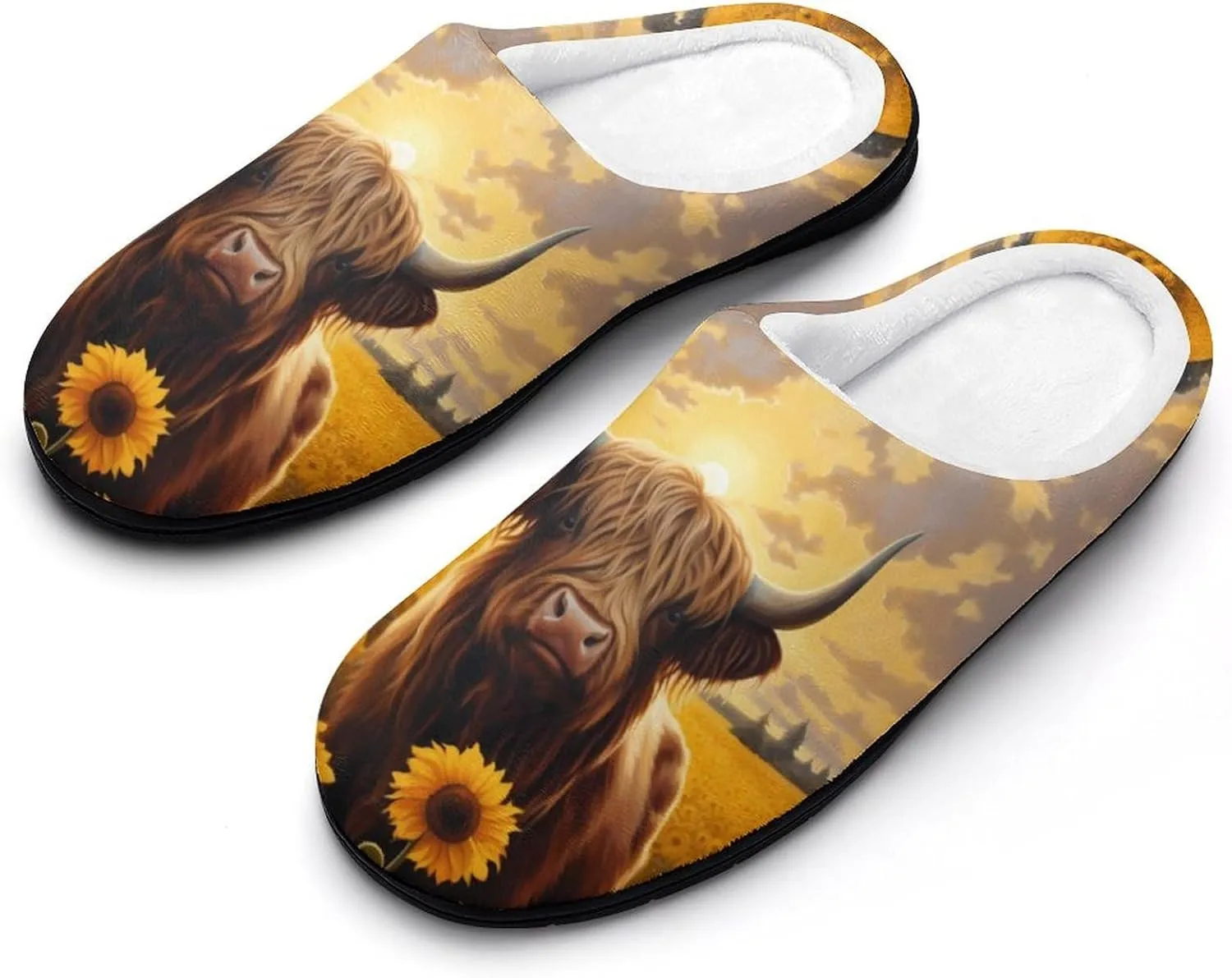 Sunflower Highland Cow Men's Cotton Slippers Casual House Shoes Anti-Slip Soft Shoes for Indoor And Outdoor