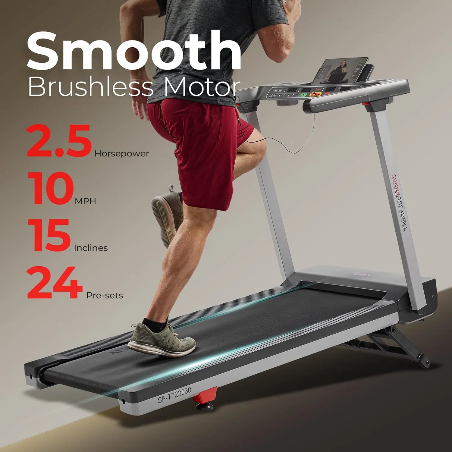 Sunny Health & Fitness Premium Foldable Treadmill for Home, Running or Walking with Auto Incline, Shock Absorption, Digital Display, Optional 20” Running Deck, Free SunnyFit App Bluetooth Connection