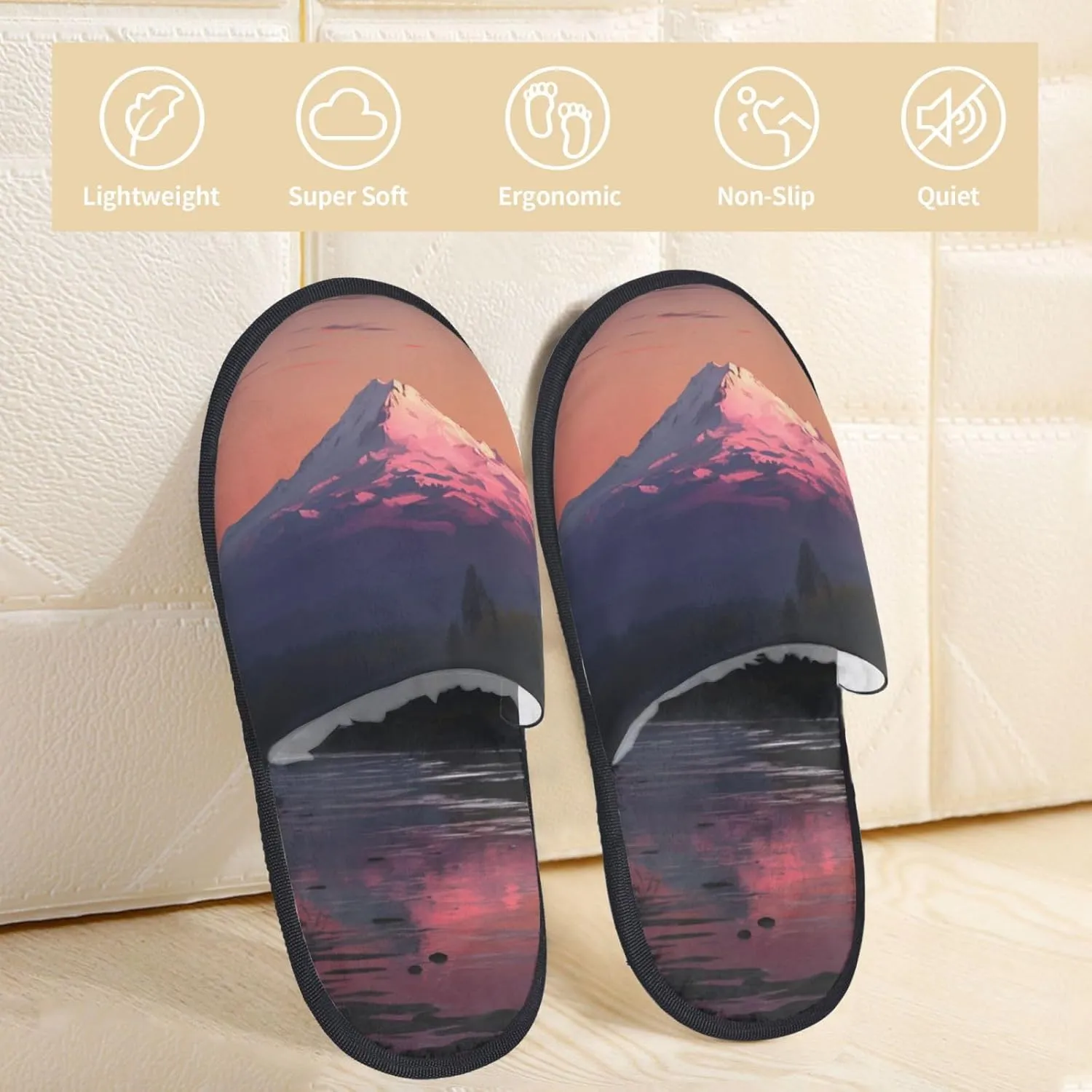 Sunset landscape Mountains Lake Furry House Slippers for Women Men Soft Fuzzy Slippers Indoor Casual Plush House Shoes