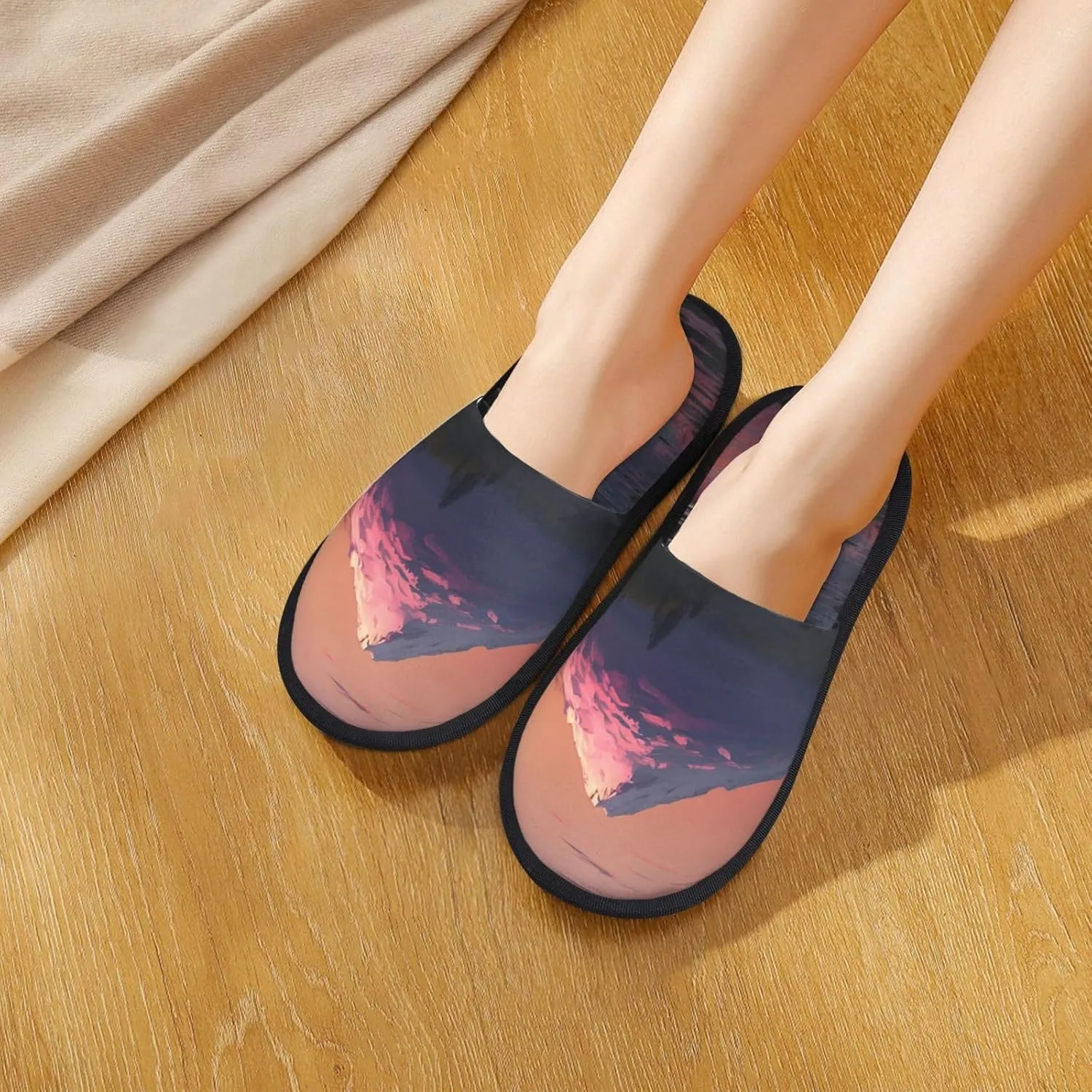 Sunset landscape Mountains Lake Furry House Slippers for Women Men Soft Fuzzy Slippers Indoor Casual Plush House Shoes