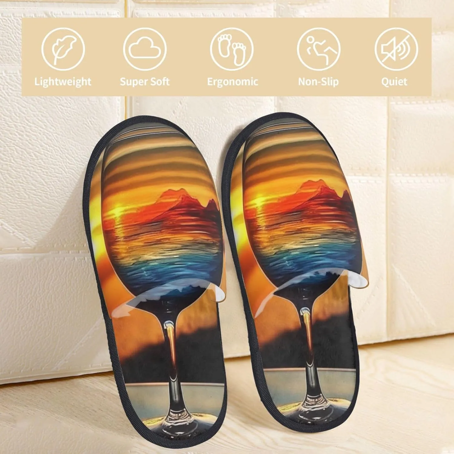 Sunset Wine Glass Furry House Slippers for Women Men Soft Fuzzy Slippers Indoor Casual Plush House Shoes