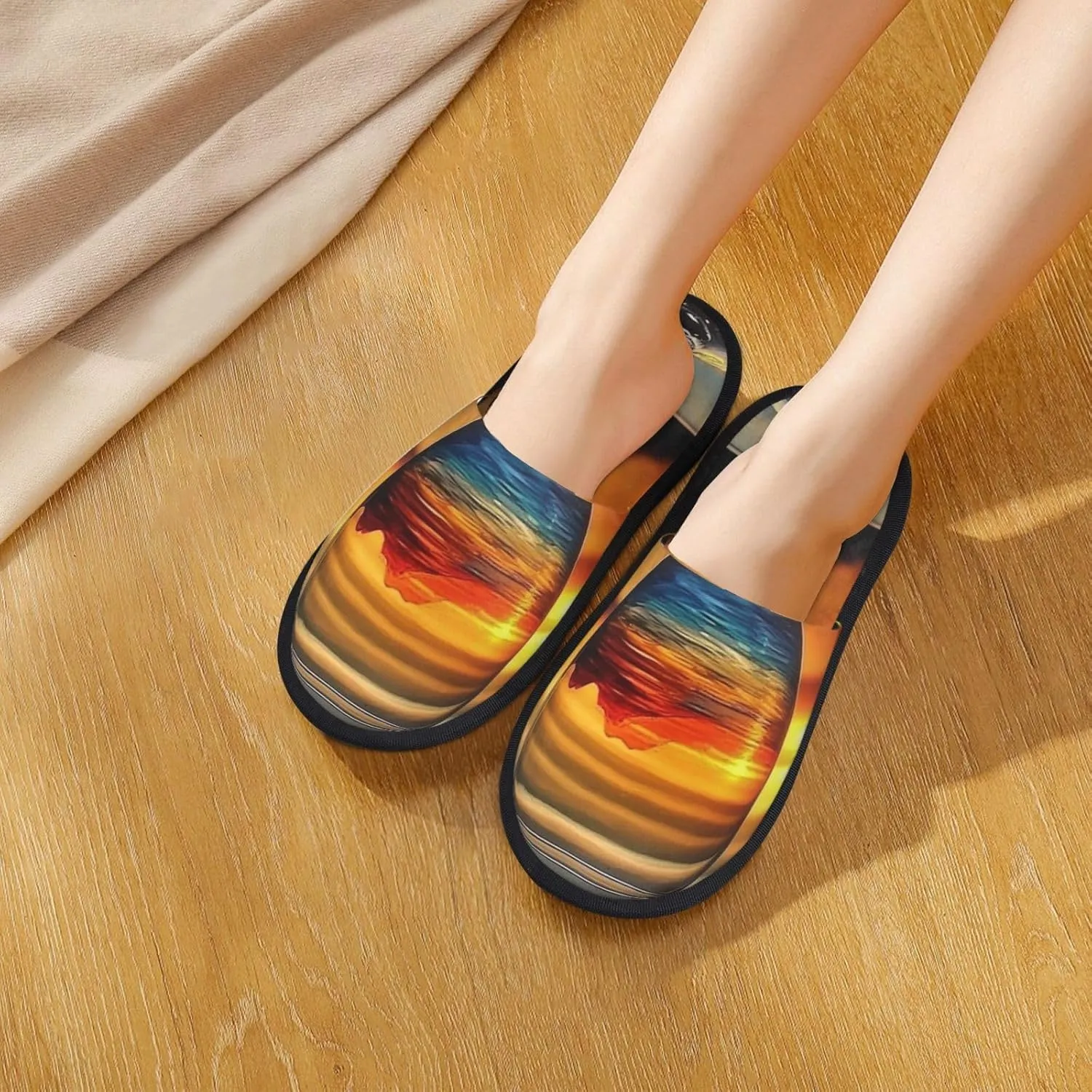 Sunset Wine Glass Furry House Slippers for Women Men Soft Fuzzy Slippers Indoor Casual Plush House Shoes