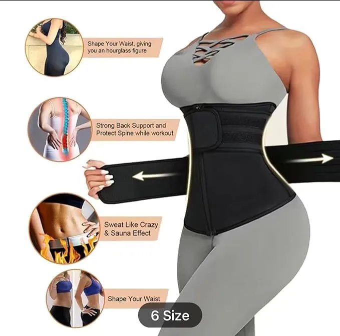 Sweat Waist Trainer for Women Two Belts, Neoprene Workout Corset Waist Trainer Cincher Trimmer Shaper Zipper, Black
