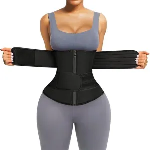 Sweat Waist Trainer for Women Two Belts, Neoprene Workout Corset Waist Trainer Cincher Trimmer Shaper Zipper, Black