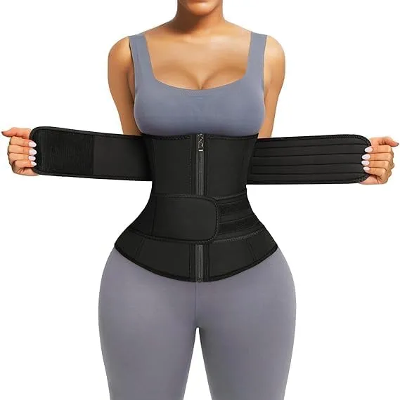 Sweat Waist Trainer for Women Two Belts, Neoprene Workout Corset Waist Trainer Cincher Trimmer Shaper Zipper, Black