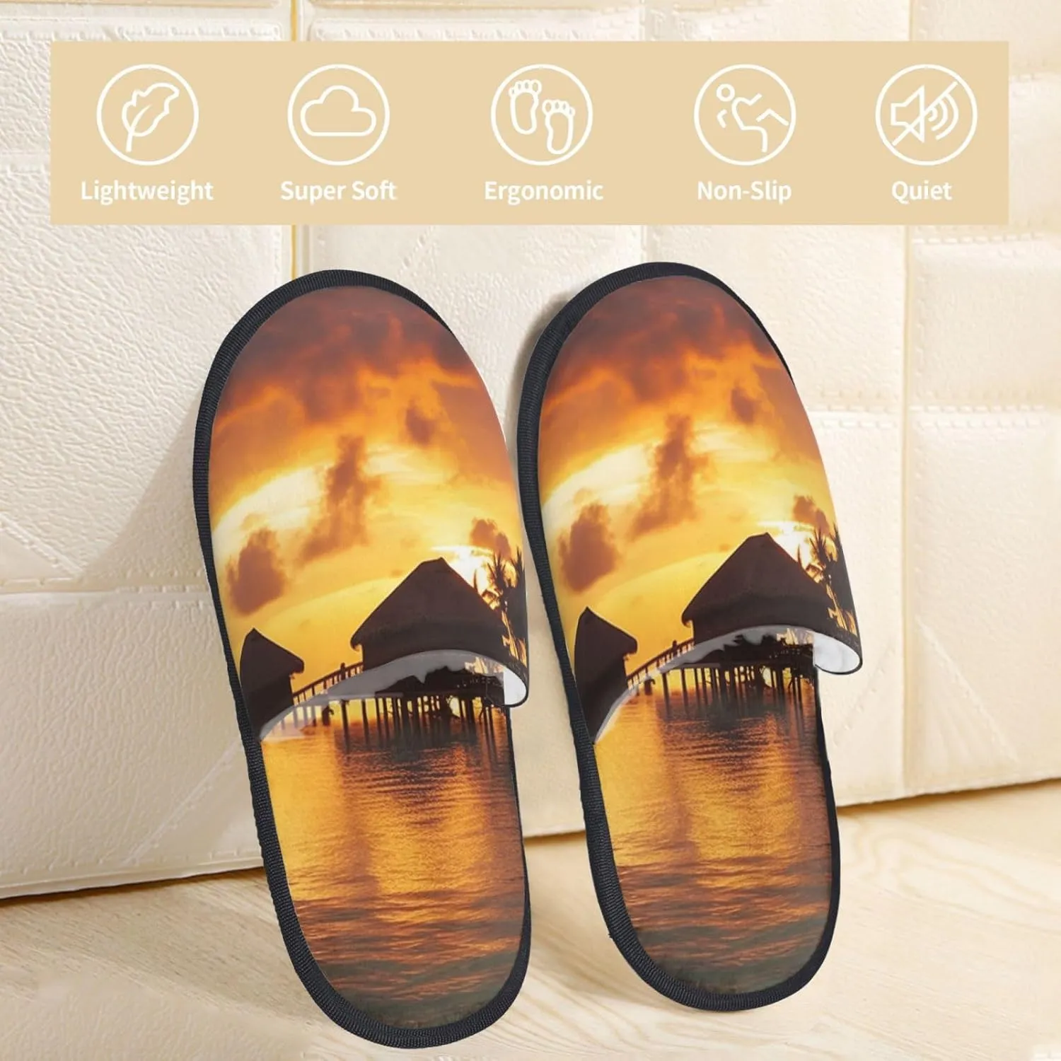 Tahiti Resort Sunset Peel Women's Fuzzy Slippers Slip-on Slipper Soft Comfy Bedroom Slippers Non-slip House Shoes