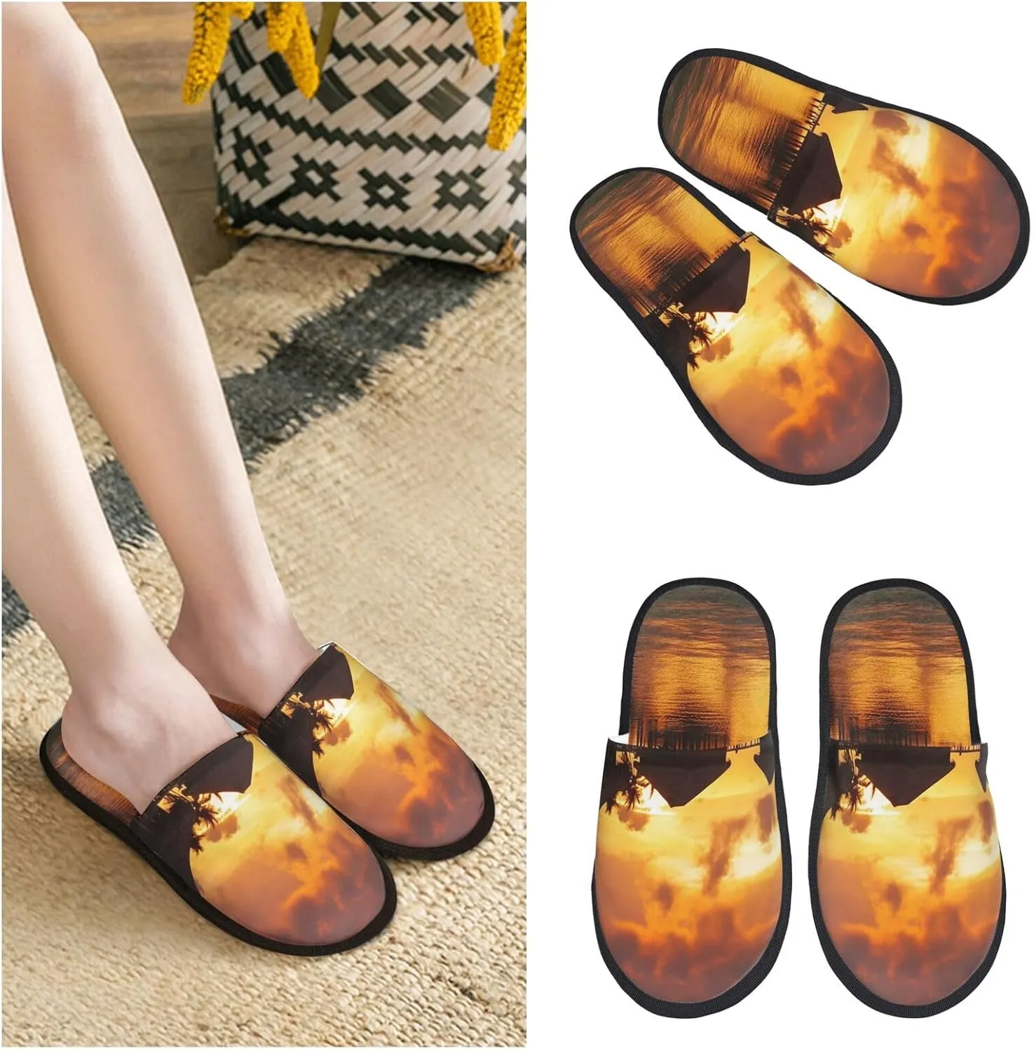 Tahiti Resort Sunset Peel Women's Fuzzy Slippers Slip-on Slipper Soft Comfy Bedroom Slippers Non-slip House Shoes