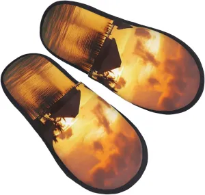 Tahiti Resort Sunset Peel Women's Fuzzy Slippers Slip-on Slipper Soft Comfy Bedroom Slippers Non-slip House Shoes