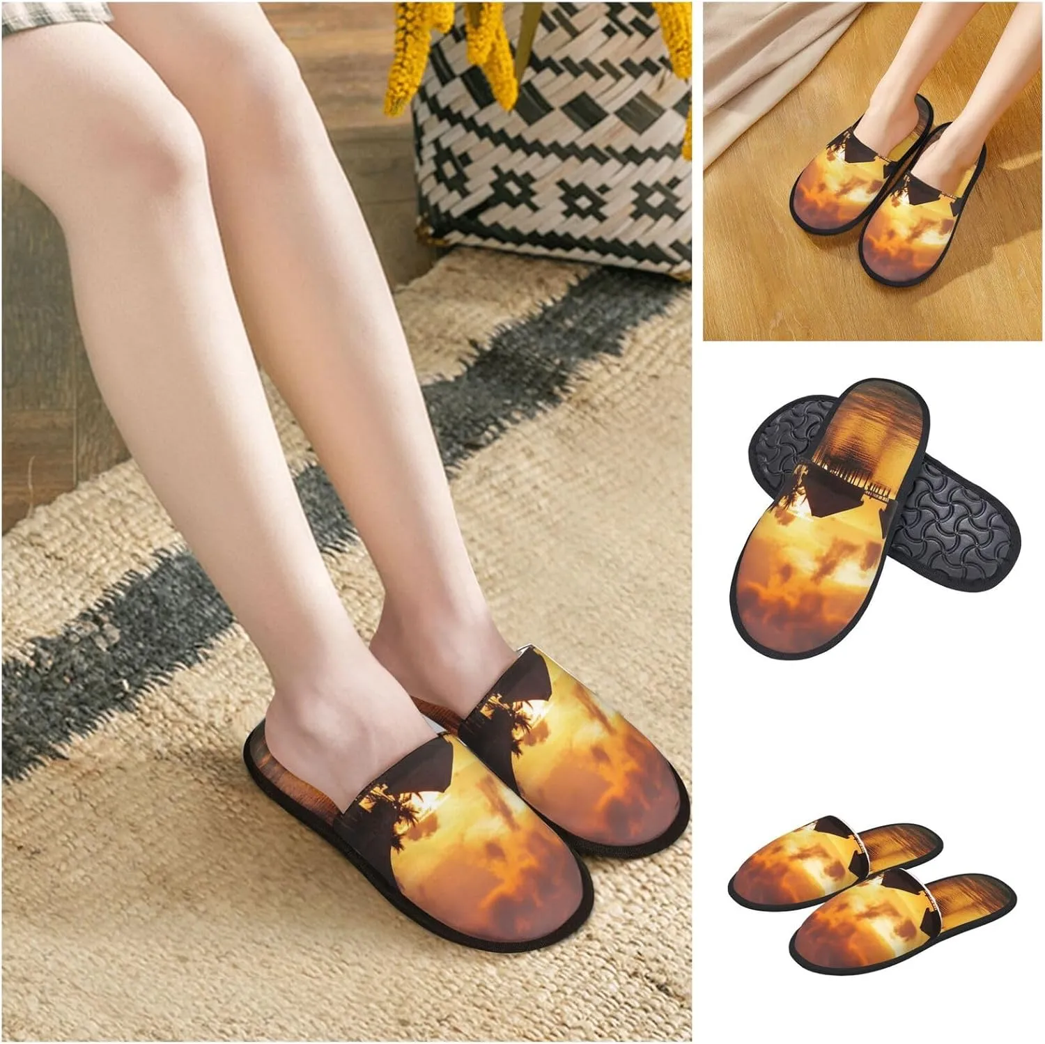 Tahiti Resort Sunset Peel Women's Fuzzy Slippers Slip-on Slipper Soft Comfy Bedroom Slippers Non-slip House Shoes