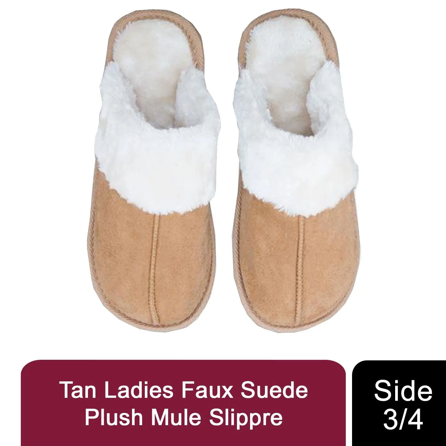 Tan Ladies Faux Suede Plush Mule Slipper Size 3-4