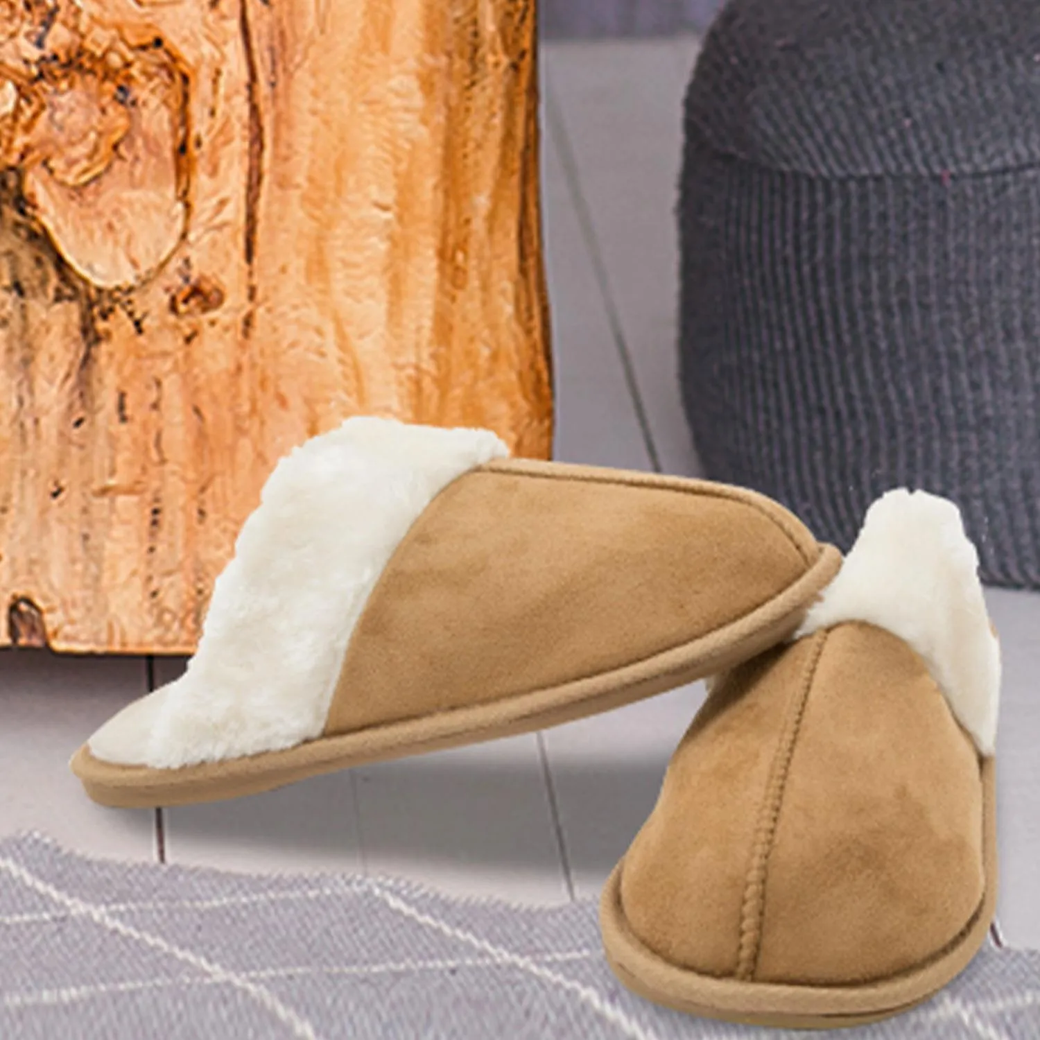 Tan Ladies Faux Suede Plush Mule Slipper Size 3-4