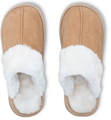 Tan Ladies Faux Suede Plush Mule Slipper Size 3-4