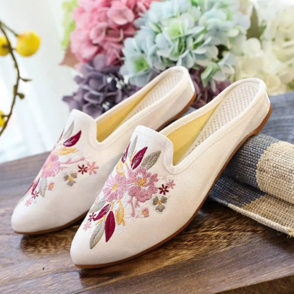 TangDao Women's Embroidered Backless Pointed Toe Slip On Loafers Comfortable Flats Embroidery Mule Slippers Shoes