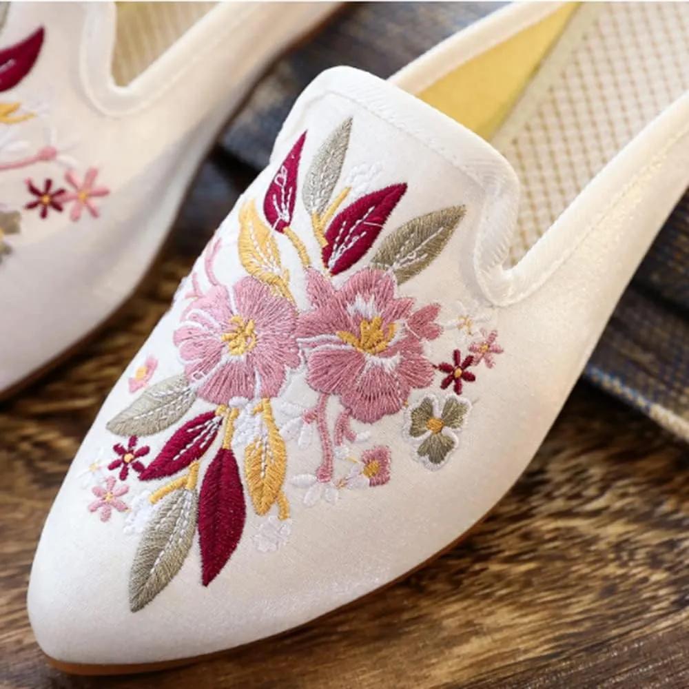 TangDao Women's Embroidered Backless Pointed Toe Slip On Loafers Comfortable Flats Embroidery Mule Slippers Shoes