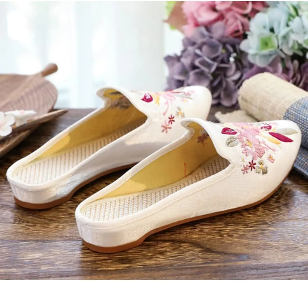 TangDao Women's Embroidered Backless Pointed Toe Slip On Loafers Comfortable Flats Embroidery Mule Slippers Shoes
