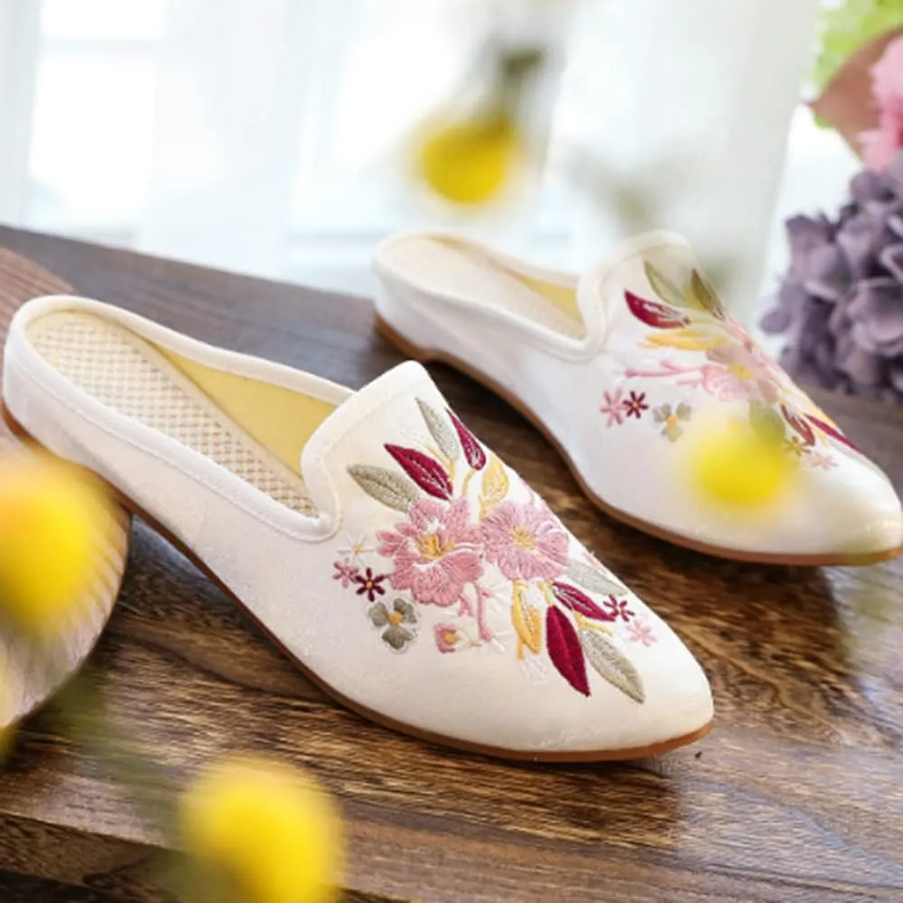 TangDao Women's Embroidered Backless Pointed Toe Slip On Loafers Comfortable Flats Embroidery Mule Slippers Shoes